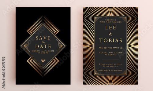 Beautiful set of wedding card templates. Gold collection of geometrical polyhedron, art deco style for wedding invitation, luxury templates, decorative patterns.