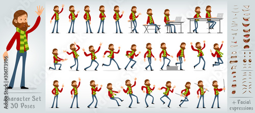 Cartoon flat cute funny hipster boy character in warm winter scarf. 30 different poses and face expressions. Isolated on white background. Big vector icon set.