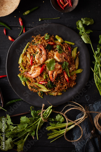 Stir fried noodles with shrimps and vegetables..