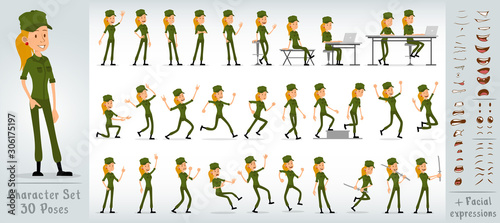 Cartoon flat cute funny army soldier girl character in green uniform and cap. 30 different poses and face expressions. Isolated on white background. Big vector icon set.