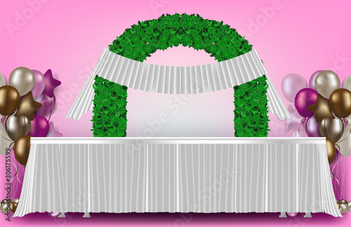 abstract background of table balloons and arch wedding romantic pink party concept