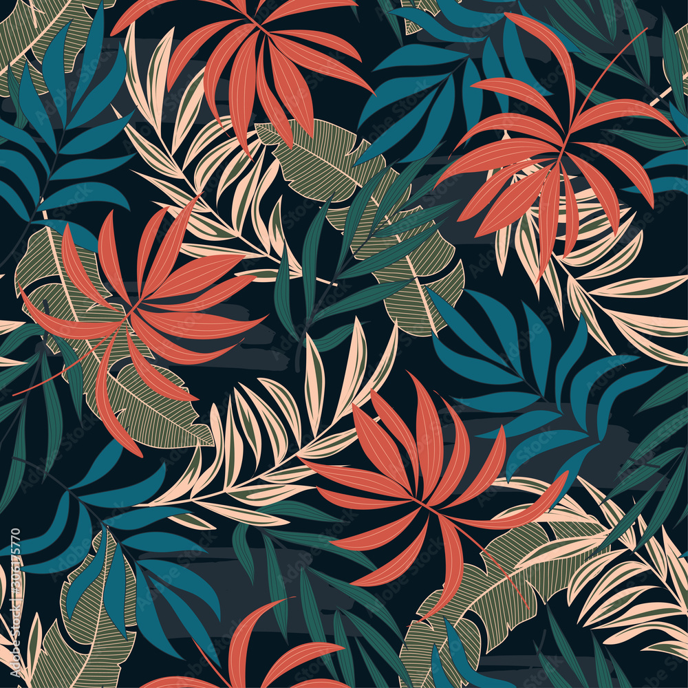 Summer seamless tropical pattern with bright orange and blue plants and  leaves on a black background. Seamless exotic pattern with tropical plants.  Summer colorful hawaiian seamless pattern. Stock Vector