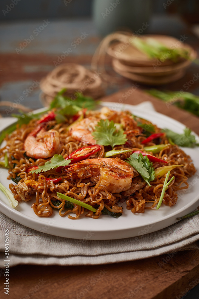 Stir fried noodles with shrimps and vegetables..