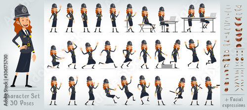 Cartoon flat cute funny english police girl character in gray uniform and helmet. 30 different poses and face expressions. Isolated on white background. Big vector icon set.