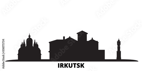 Russia, Irkutsk city skyline isolated vector illustration. Russia, Irkutsk travel cityscape with landmarks
