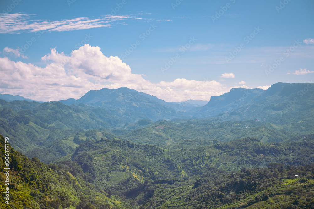 Mountainous landscape, mountains and jungle with a clear sky