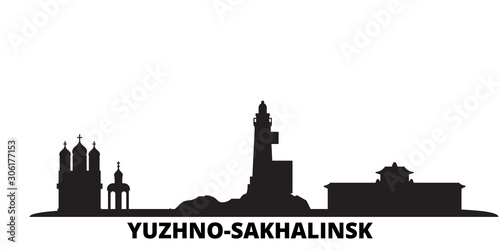 Russia, Yuzhno Sakhalinsk city skyline isolated vector illustration. Russia, Yuzhno Sakhalinsk travel cityscape with landmarks