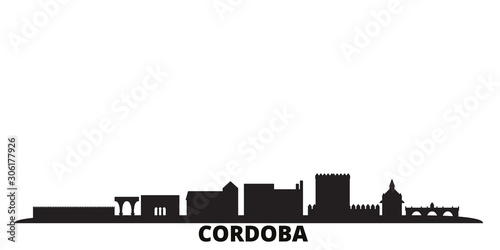 Spain, Cordoba city skyline isolated vector illustration. Spain, Cordoba travel cityscape with landmarks