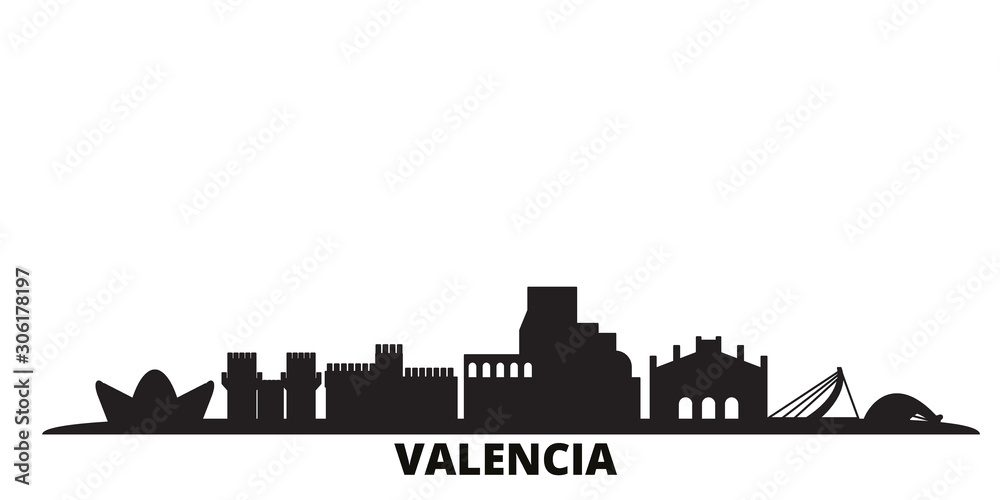 Spain, Valencia city skyline isolated vector illustration. Spain, Valencia travel cityscape with landmarks