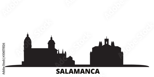 Spain, Salamanca city skyline isolated vector illustration. Spain, Salamanca travel cityscape with landmarks