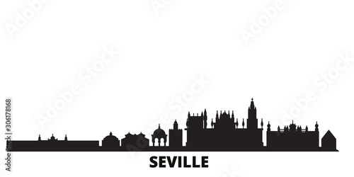 Spain, Seville city skyline isolated vector illustration. Spain, Seville travel cityscape with landmarks