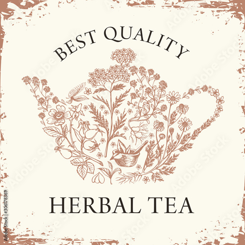 Vector banner for a Herbal tea with pencil drawings and inscription on the old paper background. Illustration with a teapot or kettle consisting of various hand-drawn herbs in retro style.