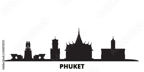 Thailand, Phuket city skyline isolated vector illustration. Thailand, Phuket travel cityscape with landmarks