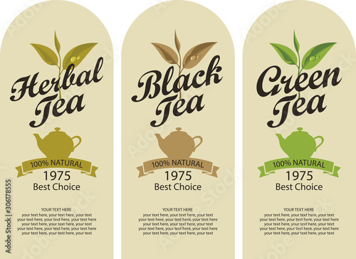 Set of three vector labels for herbal, black and green tea decorated by tea leaves and teapots, with calligraphic inscriptions and place for text in retro style.