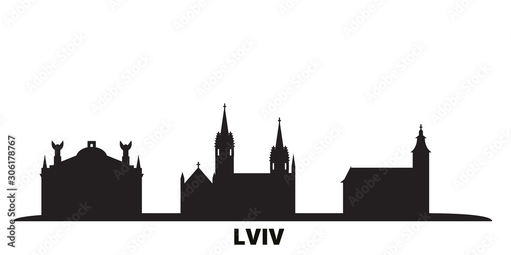 Fototapeta Ukraine, Lviv city skyline isolated vector illustration. Ukraine, Lviv travel cityscape with landmarks