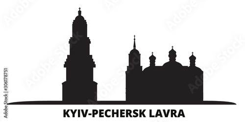 Ukraine, Kyiv, Pechersk Lavra city skyline isolated vector illustration. Ukraine, Kyiv, Pechersk Lavra travel cityscape with landmarks