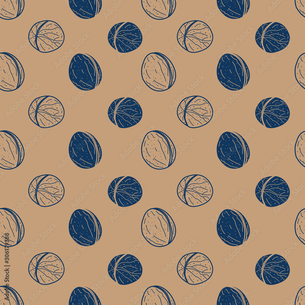 Vector repeat pattern with dark blue walnuts on brown background. Vector repeat pattern with dark blue walnuts on brown background.