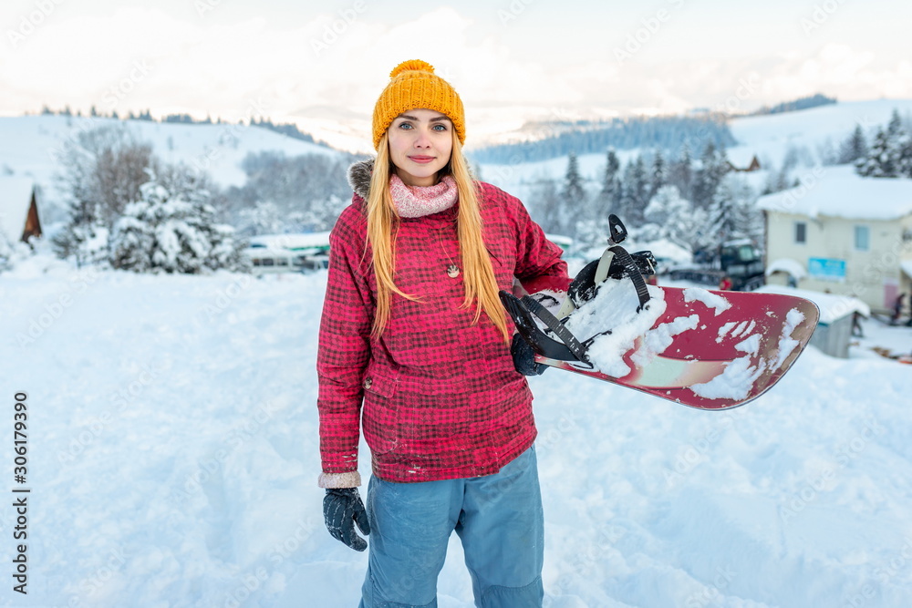 girl or woman snowboarder in ski equipment outdoor, winter season sport and lifestyle activity