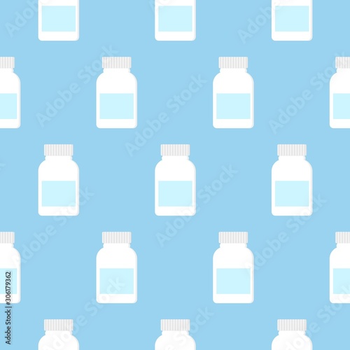 Medicine bottle icon isolated seamless pattern on blue background. Container with pills.