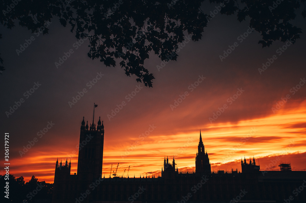 House of parliament in London, sunset sky, silhouette. Symbol of UK, Great Britain,