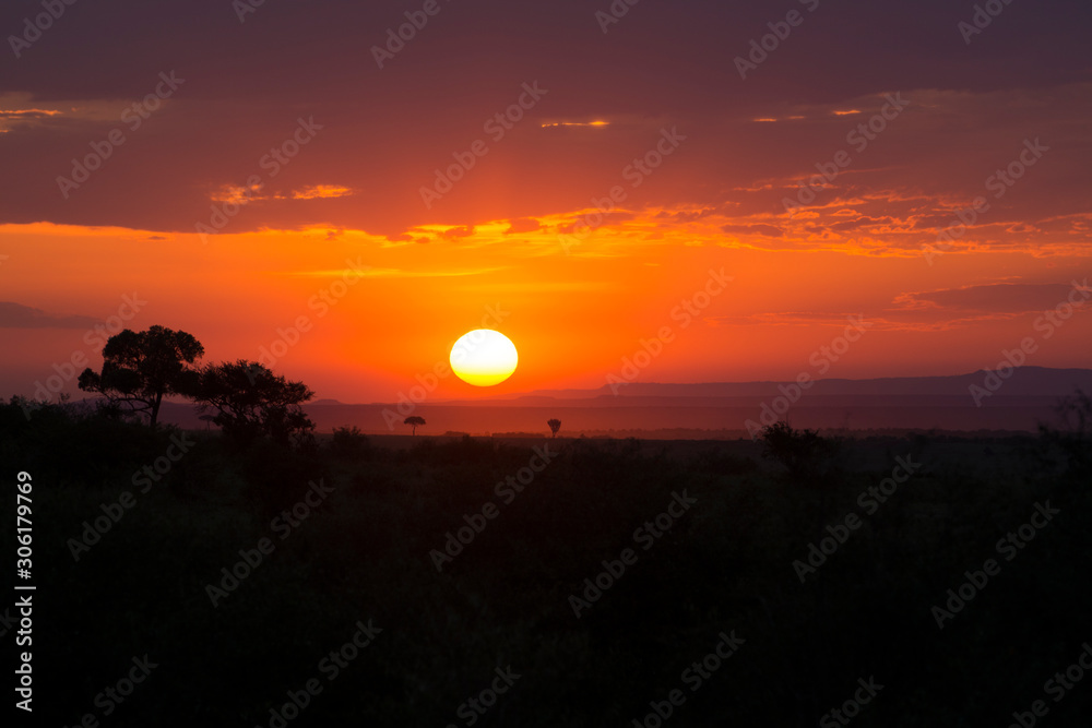 Breathtaking sunset in Masai Mara National Park in Kenya, Africa
