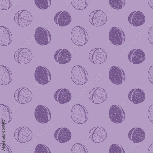 Vector repeat pattern with dark walnuts on light purple background. Monochrome pattern. 
