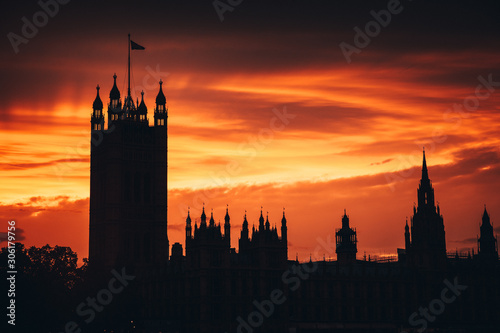 Photography House of parliament in London, summer sunset sky in background.