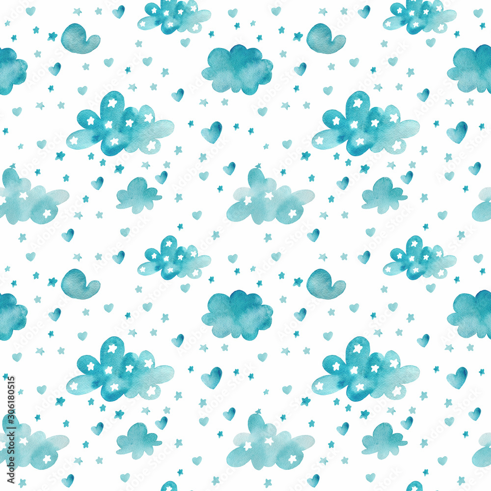 Fototapeta premium Seamless pattern. Watercolor handwork. Clouds of stars on a white background.