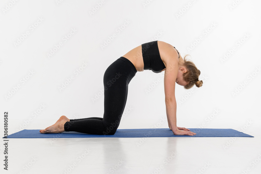 Sporty attractive young woman doing yoga practice on white background. Sporty attractive young woman doing yoga practice on white background.