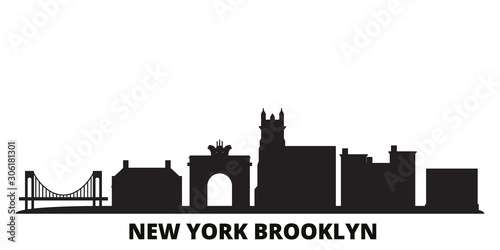 United States, New York Brooklyn city skyline isolated vector illustration. United States, New York Brooklyn travel cityscape with landmarks