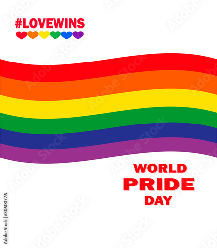 LGBT world pride day. pride day - rainbow background with heart. Colorful rainbow flag and stylish hashtags with hearts - Love wins