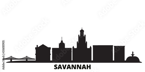 United States, Savannah city skyline isolated vector illustration. United States, Savannah travel cityscape with landmarks