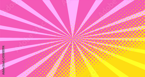Vintage colorful comic book background. Orange Pink blank bubbles of different shapes. Rays, radial, halftone, dotted effects. For sale banner empty Place for text 1960s. Copy space vector eps10.