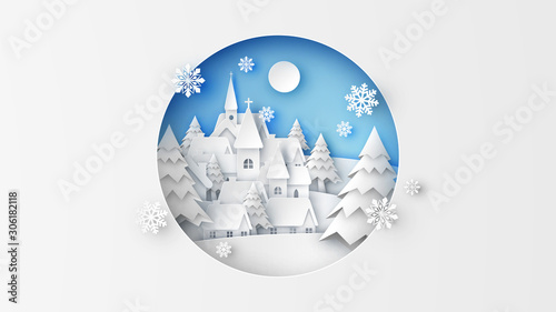 Landscape of countryside in winter with snowfall. Scenery of winter. Merry Christmas. paper cut and craft style. vector, illustration.