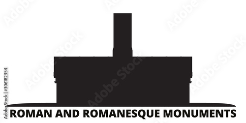 France, Arles, Roman And Romanesque Monuments Landmark city skyline isolated vector illustration. France, Arles, Roman And Romanesque Monuments Landmark travel cityscape with landmarks
