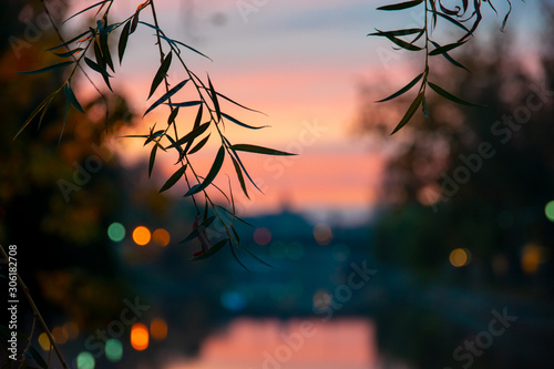 sunset seen on the banks of the Bega river in Timisoara