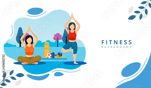 Girls doing exercises  Health and fitness concept banner design