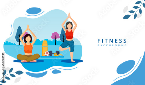 Girls doing exercises, Health and fitness concept banner design