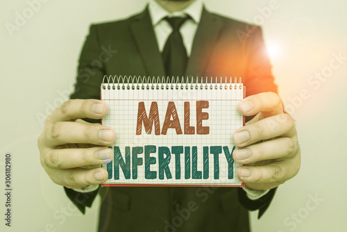 Writing note showing Male Infertility. Business concept for the inability to cause pregnancy in a fertile Male human wear formal work suit with office look hold book photo