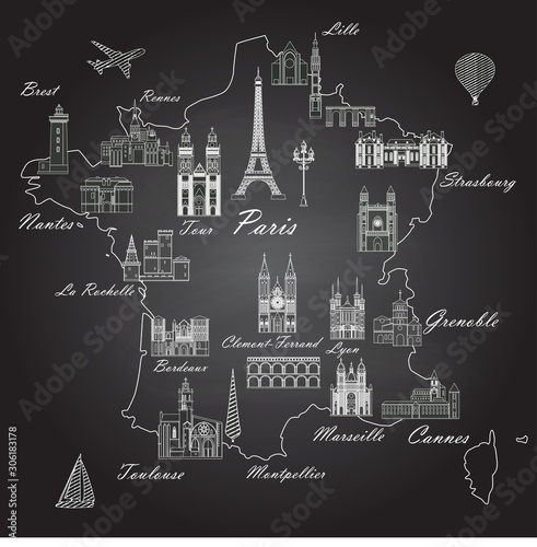France travel map with sights drawn in chalk on a blackboard style vector illustration. Popular buildings for tourists. French map. Tourism and travel.	