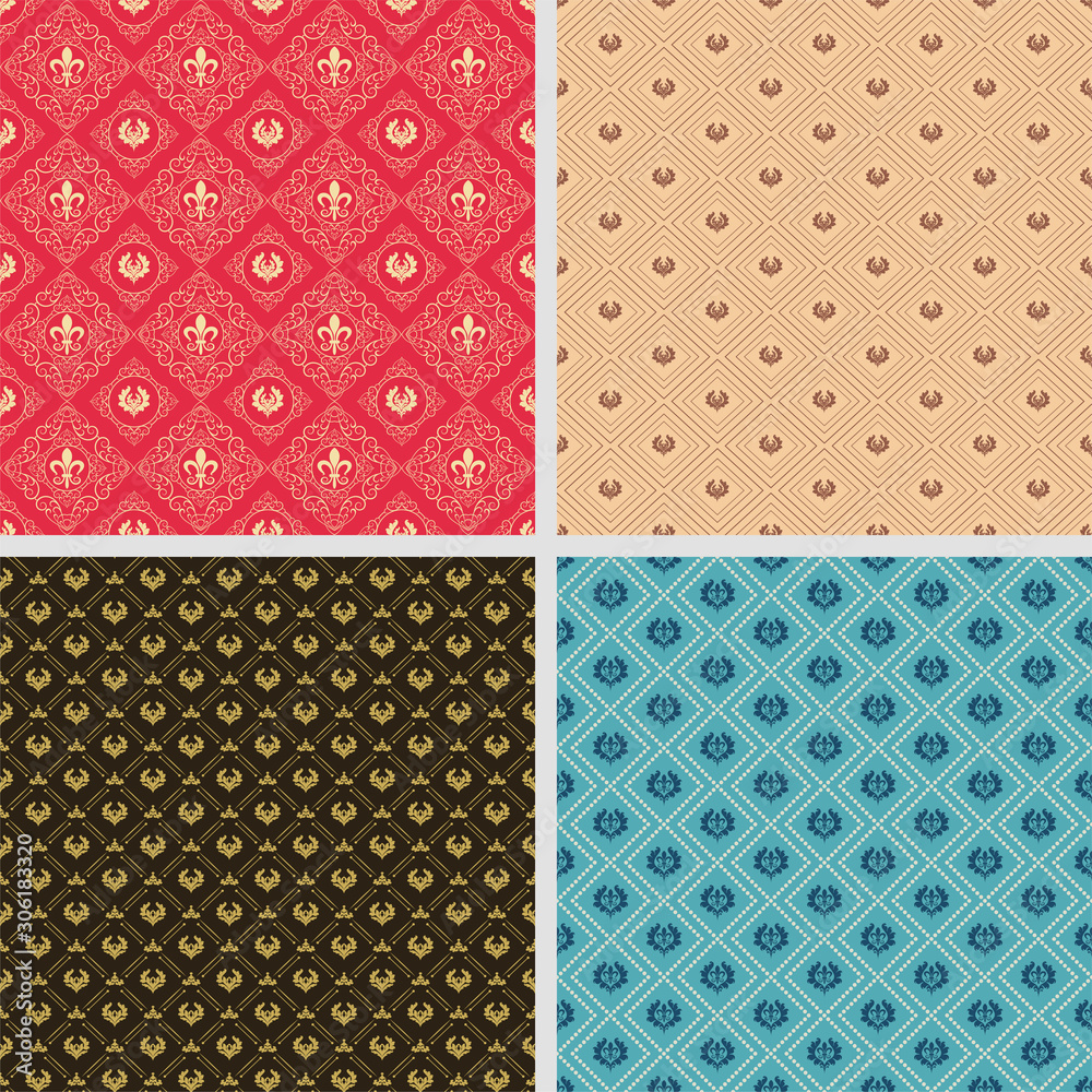 Set of four background wallpapers in vintage style for your design. Vintage style. Colors image: black, blue, red, gold. Graphic design templates, background seamless patterns. Vector set.