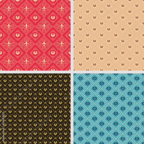 Set of four background wallpapers in vintage style for your design. Vintage style. Colors image: black, blue, red, gold. Graphic design templates, background seamless patterns. Vector set.