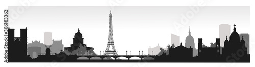 Panorama Paryża urządzony ilustracji wektorowych. Cartoon Paryskie symbole i obiekty architektury. Paryż miasto panoramę tło wektor. Mieszkanie modne ilustracja