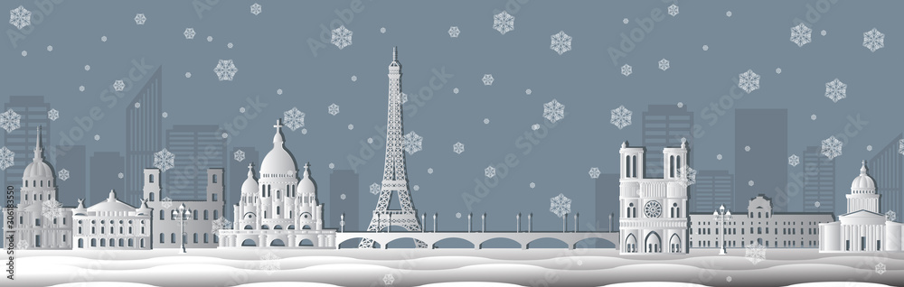 Winter panorama of Paris paper cut style vector illustration. Cartoon Paris architecture symbols and objects. Paris sepia city skyline vector background. Flat trendy illustration.