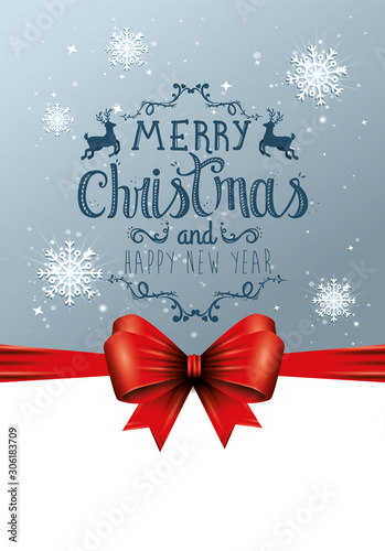 poster of merry christmas and happy new year with bow ribbon vector illustration design