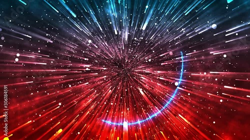 Bright rotation, electric spiral on a red background and rotating light particles in space