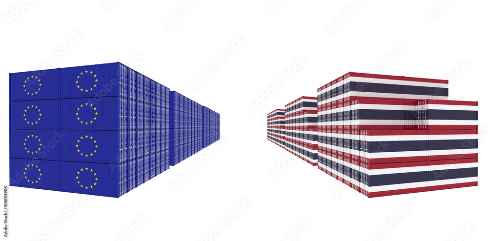 3D Illustration of two group Cargo Containers with Thailand and European Union Flag on white background. Delivery, transportation, shipping freight transportation. 3D Illustration of two group Cargo Containers with Thailand and European Union Flag on white background. Delivery, transportation, shipping freight transportation.