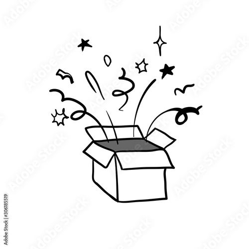 Gift box illustration with hand drawn doodle line art isolated on white background