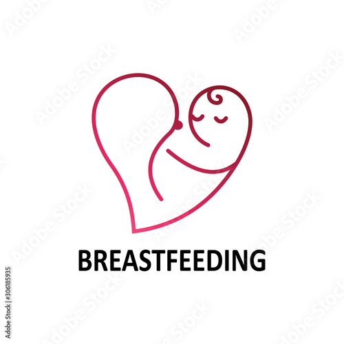 Breastfeeding vector logo, vector logo of a baby with its mother's breasts as a symbol of health, mother's logo hugs her baby to breastfeed in the shape of a heart, a symbol of lactation