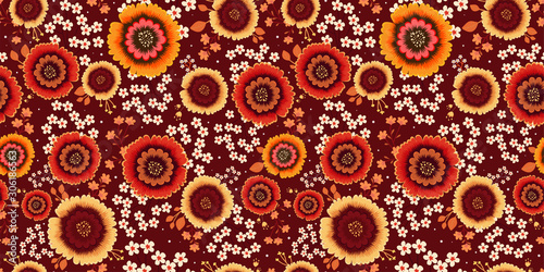 Floral seamless pattern in Oriental style. Chinese ornament with  flowers and leaves on a rich red background. Beautiful Botanical illustration. Template for fashion prints, textile, Wallpaper. Vector